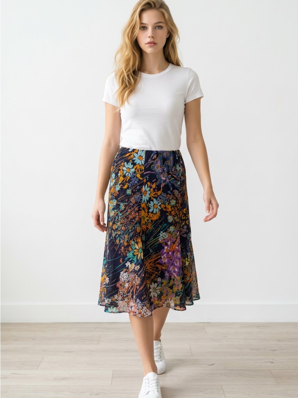 Floral Midi Skirt - Navy Multi